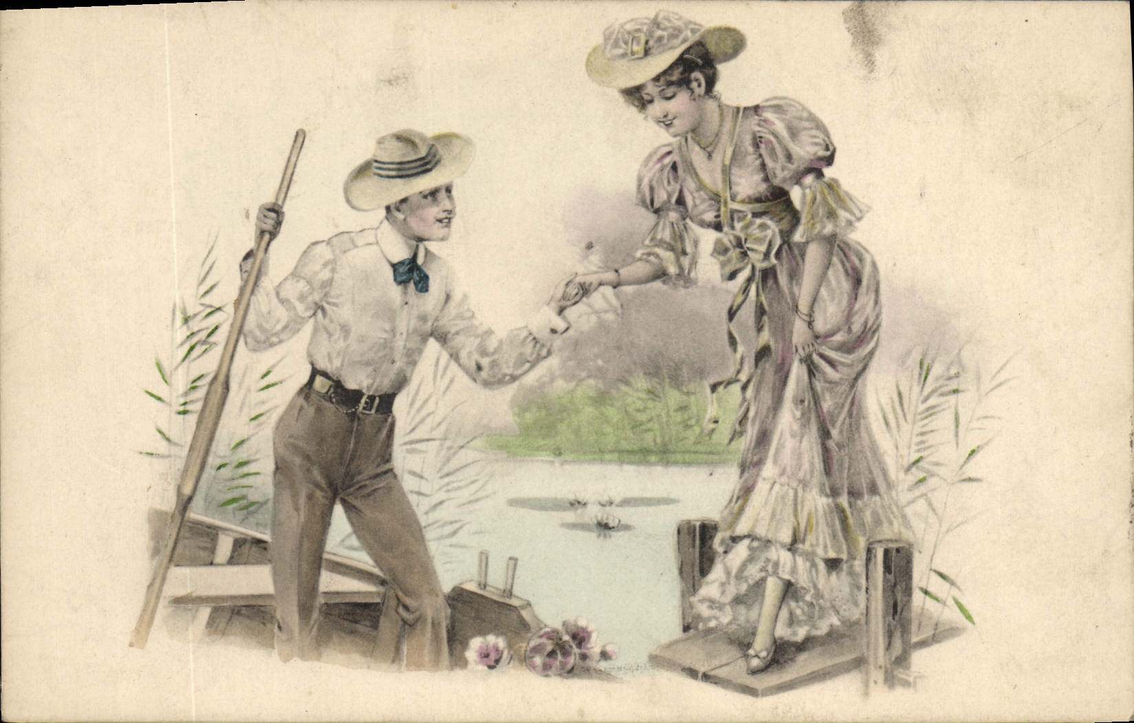 CPA Fantaisie Illustrateur Femme Barque 