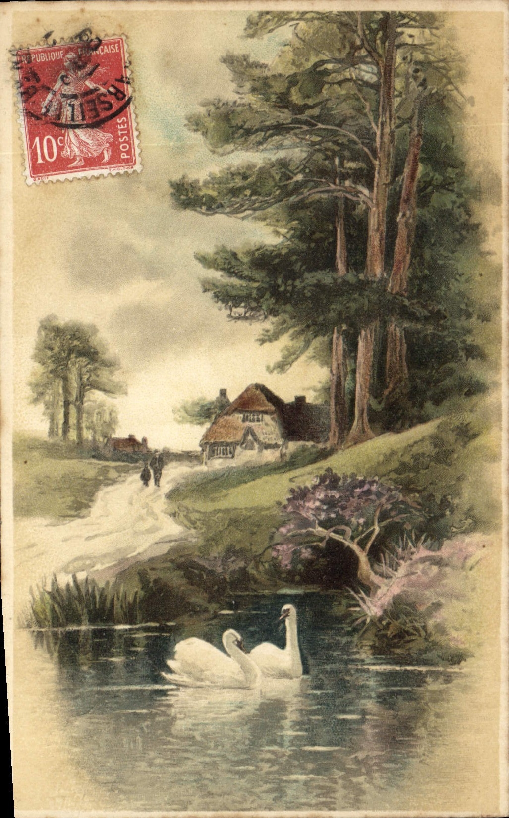 CPA Fantaisie Illustrateur Cygnes Paysage 