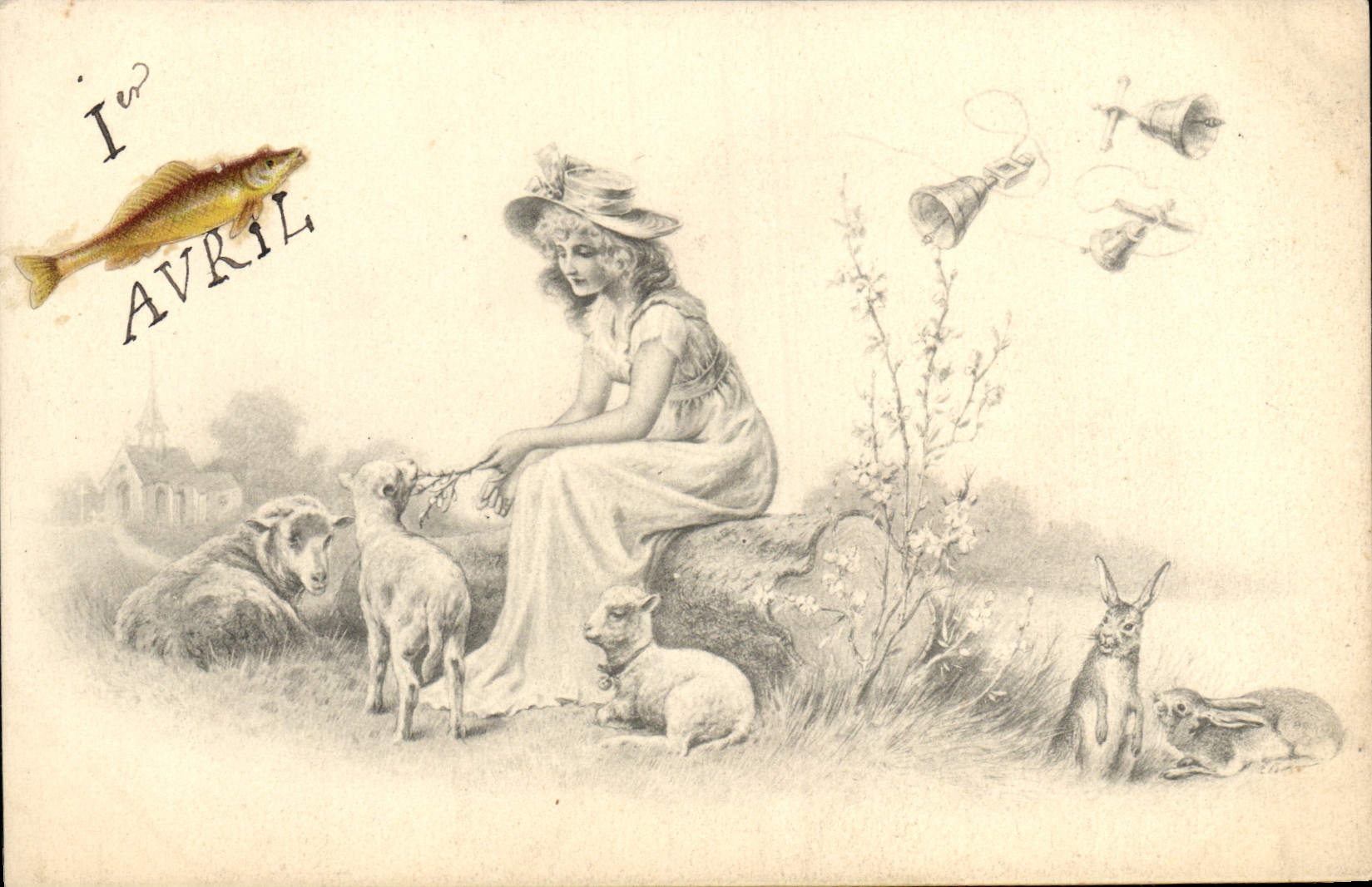 CPA Fantaisie Illustrateur Femme Lapin Moutons 1er Avril Poisson