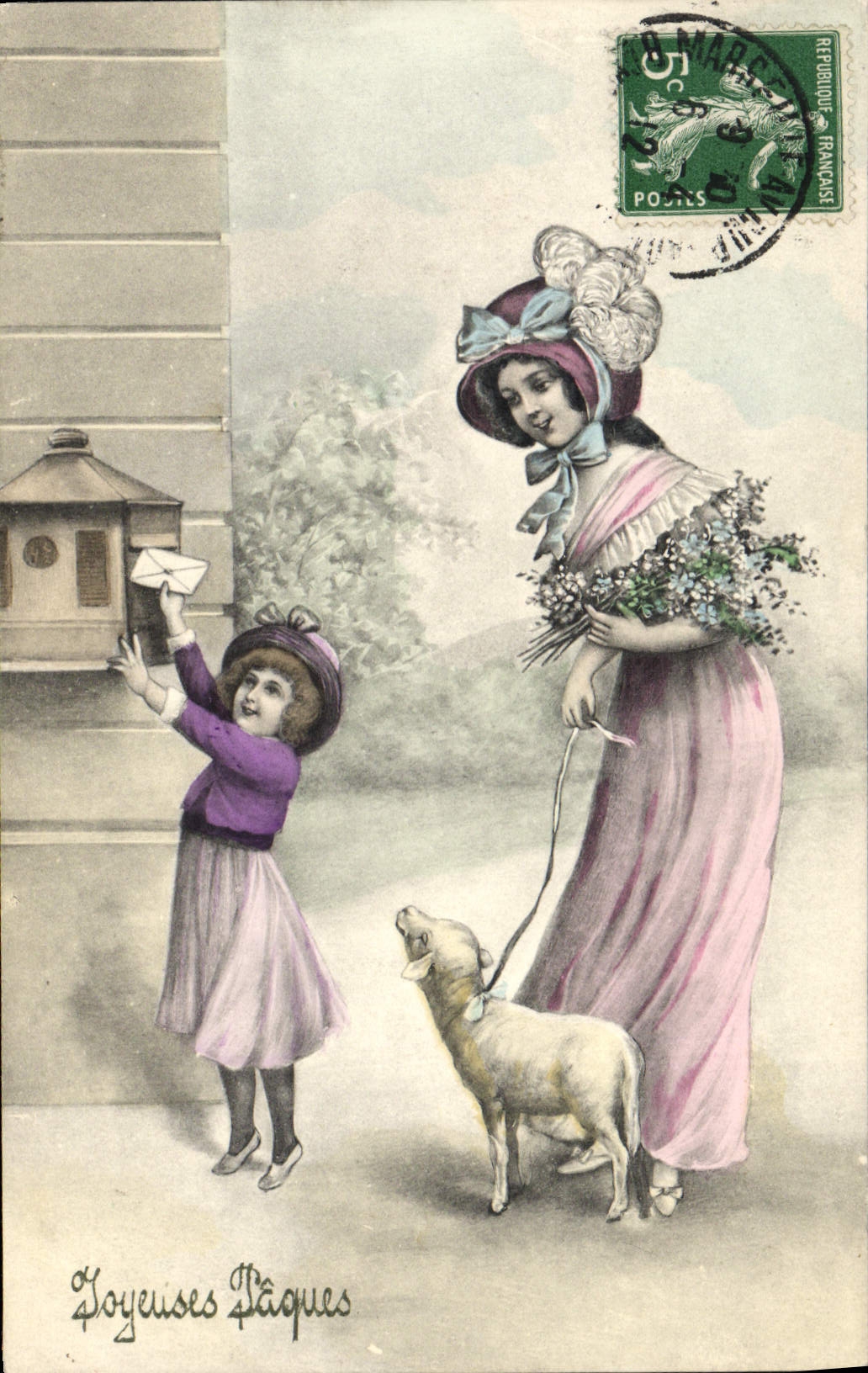 CPA Fantaisie Illustrateur Femme Enfant Paques Mouton