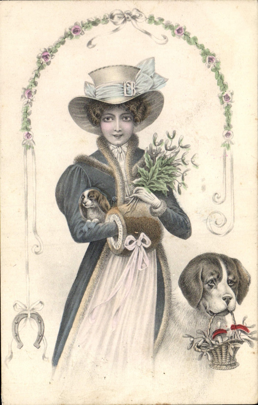 CPA Fantaisie Illustrateur Femme Chien Fer a cheval