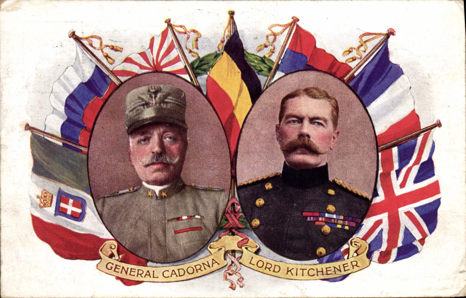 Général Cadorna et Lord Kitchener — portraits encadrés de drapeaux — éditeur non visible