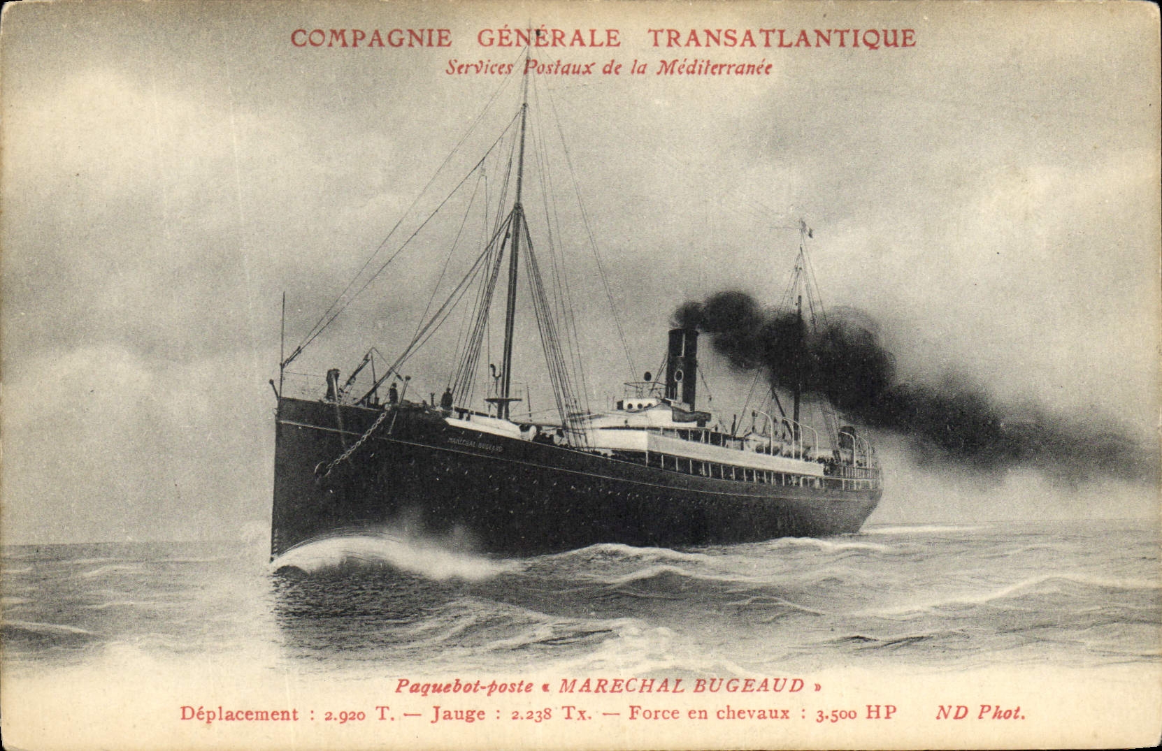 Paquebot-poste « MARECHAL BUGEAUD » — Compagnie Générale Transatlantique — Services Postaux de la Méditerranée