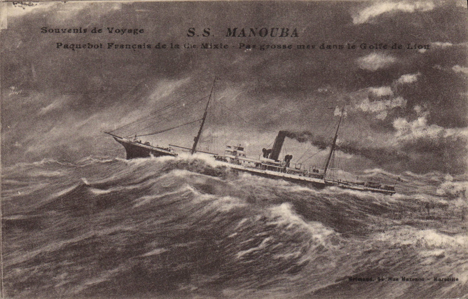 S.S. MANOUBA — Paquebot Français de la Cie Mixte en grosse mer dans le Golfe de Lion — Éditeur : Brimeaud, 34 Rue Marenod, Marseille