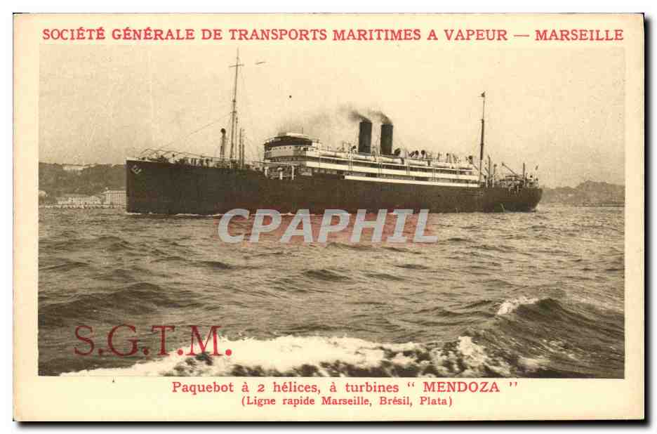 Schip met 2 propellers met turbines "MENDOZA" — Snelroute Marseille, Brazilië, Plata — Algemene Maatschappij voor Zeevaart met Stoom — Marseille