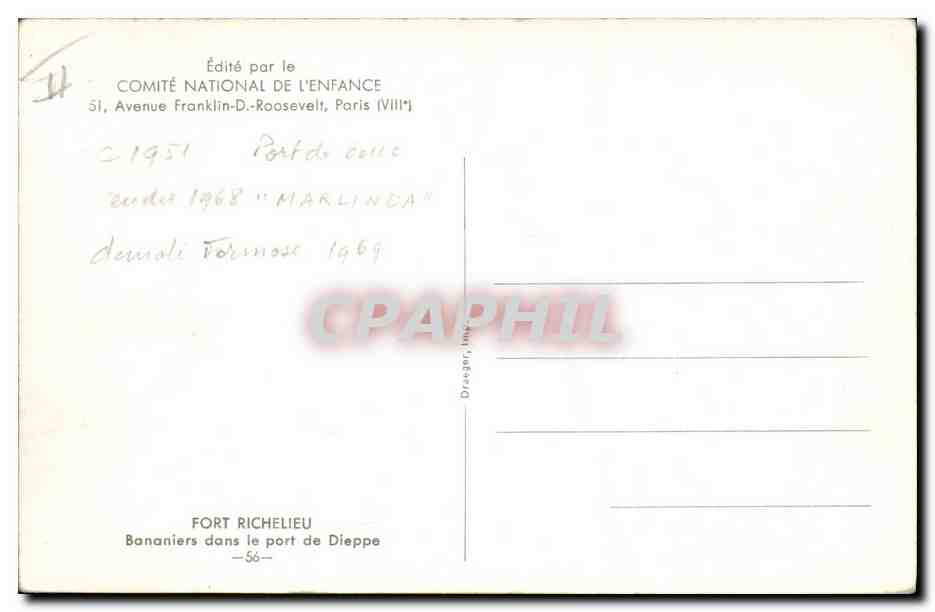 Fort Richelieu — Bananiers dans le port de Dieppe — Édité par le Comité National de l'Enfance — Achterkant