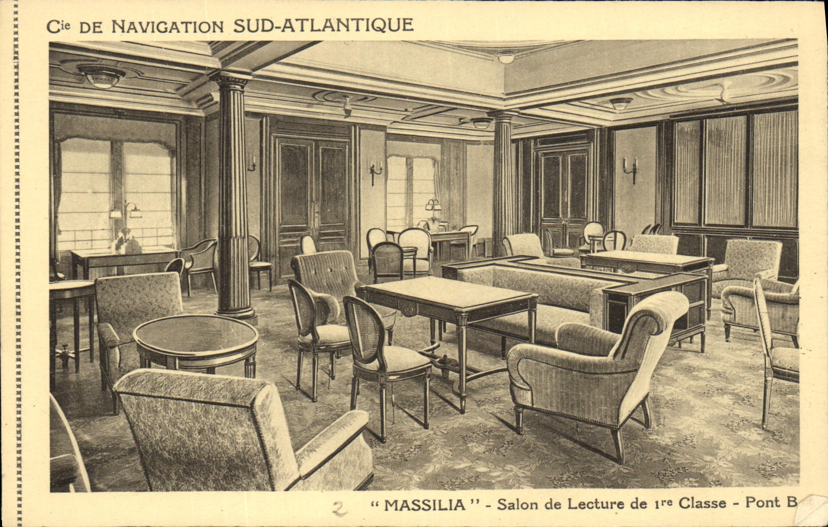 Cie de Navigation Sud-Atlantique — Salon de Lecture de 1ère Classe — 'Massilia' — Pont B