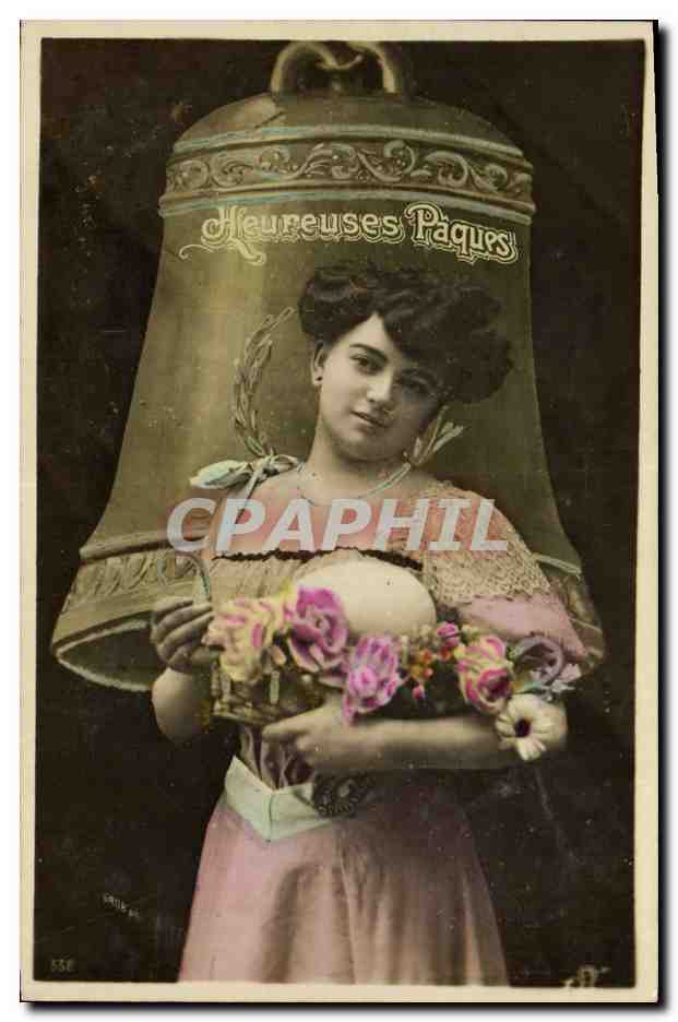 Mujer con ramo de flores — bajo una campana decorada con 'Felices Pascuas' — editor Pauline, n° 538
