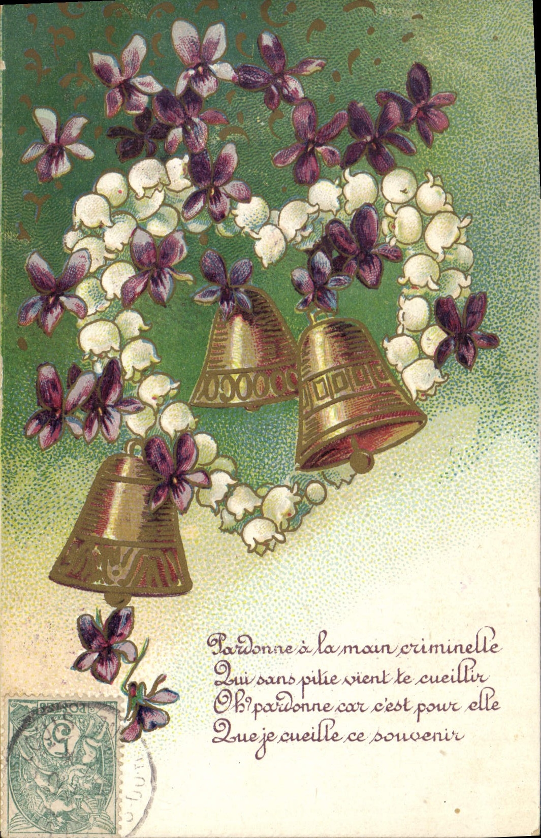 Bouquet de violettes et de muguet — cloches dorées — éditeur non visible