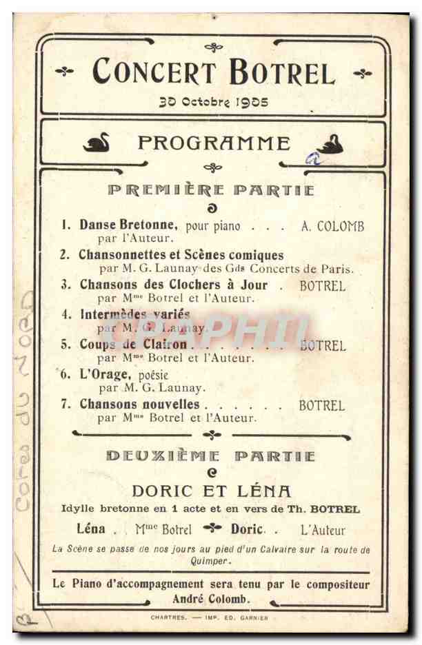 CPA Folklore Botrel Poete et chansonnier ne a Dinan Concert Botrel 30 octobre 1905 Doric et Lena  — Verso