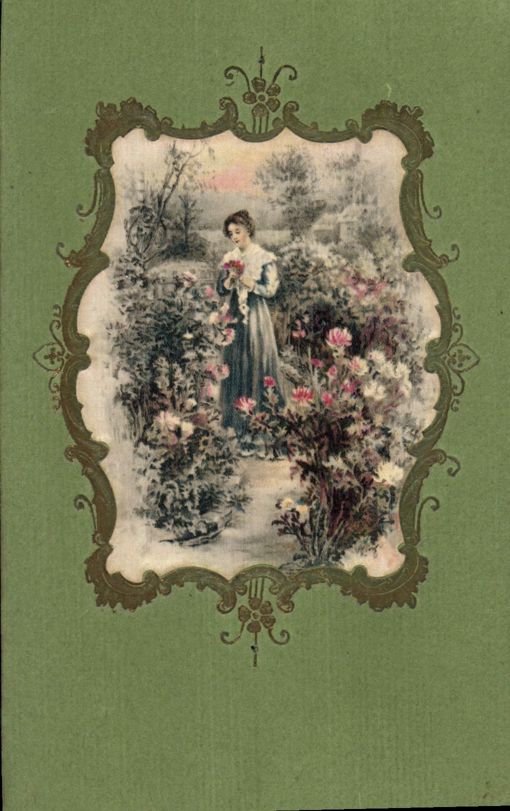 Femme dans un jardin — illustration encadrée — CPAPHIL
