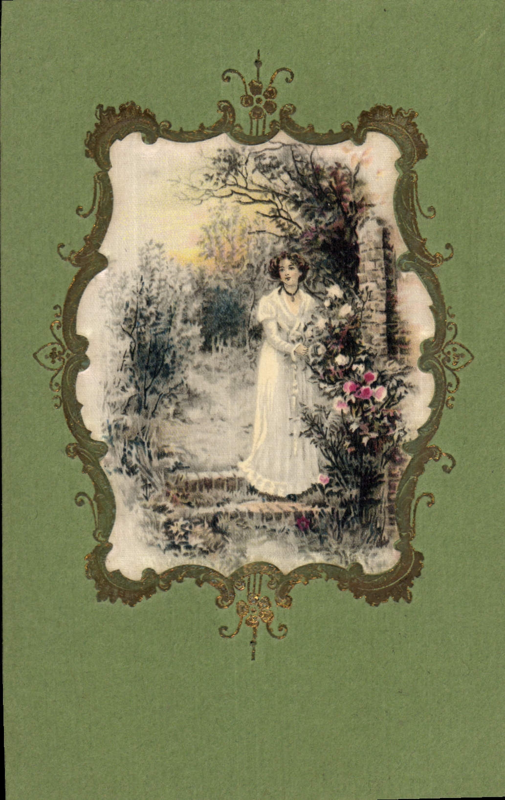 Femme en robe blanche dans un jardin — CPA CPAPHIL n° 1027