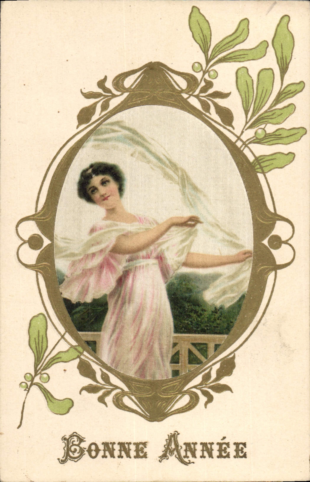 Femme en robe rose — salutation de fin d'année — éditeur non identifié