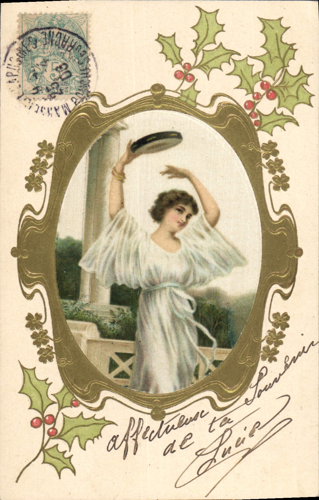 Danseuse en robe blanche — décor de houx — éditeur AB, n° de série non visible