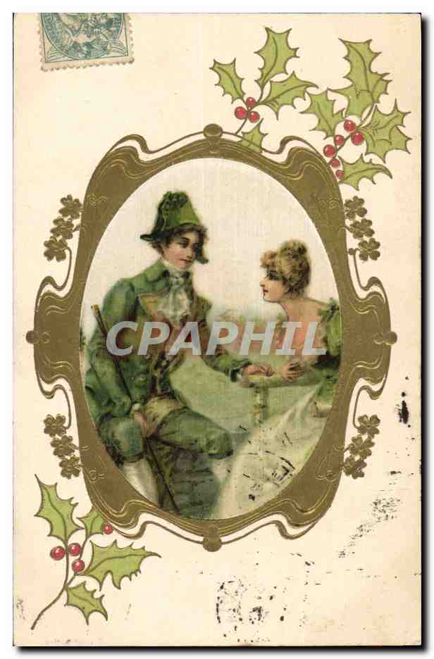 Père Noël et jeune fille — décor de houx — éditeur non visible