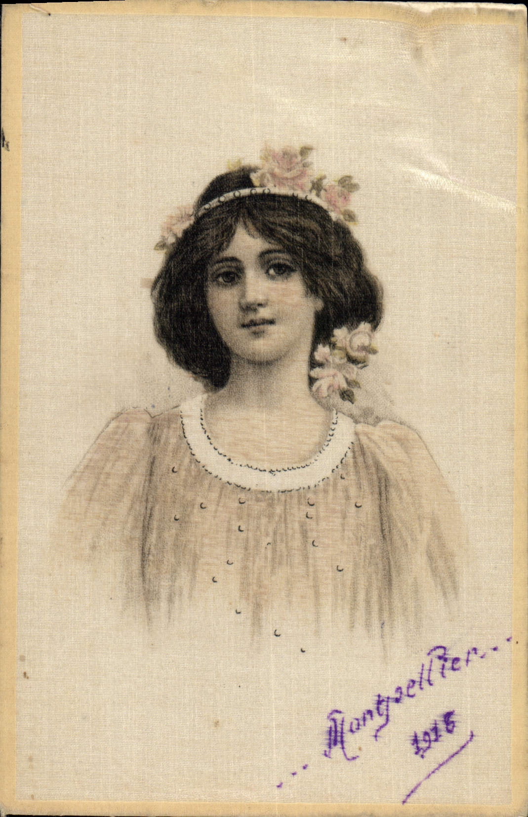 Giovane donna con corona di fiori — Montgazellier — Edizioni Raphael Tuck & Fils, Parigi