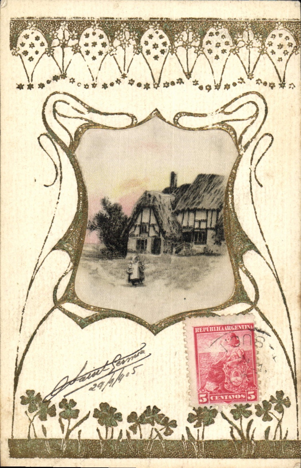 Château à toit de chaume — scène de campagne — éditeur inconnu, n° de série non visible