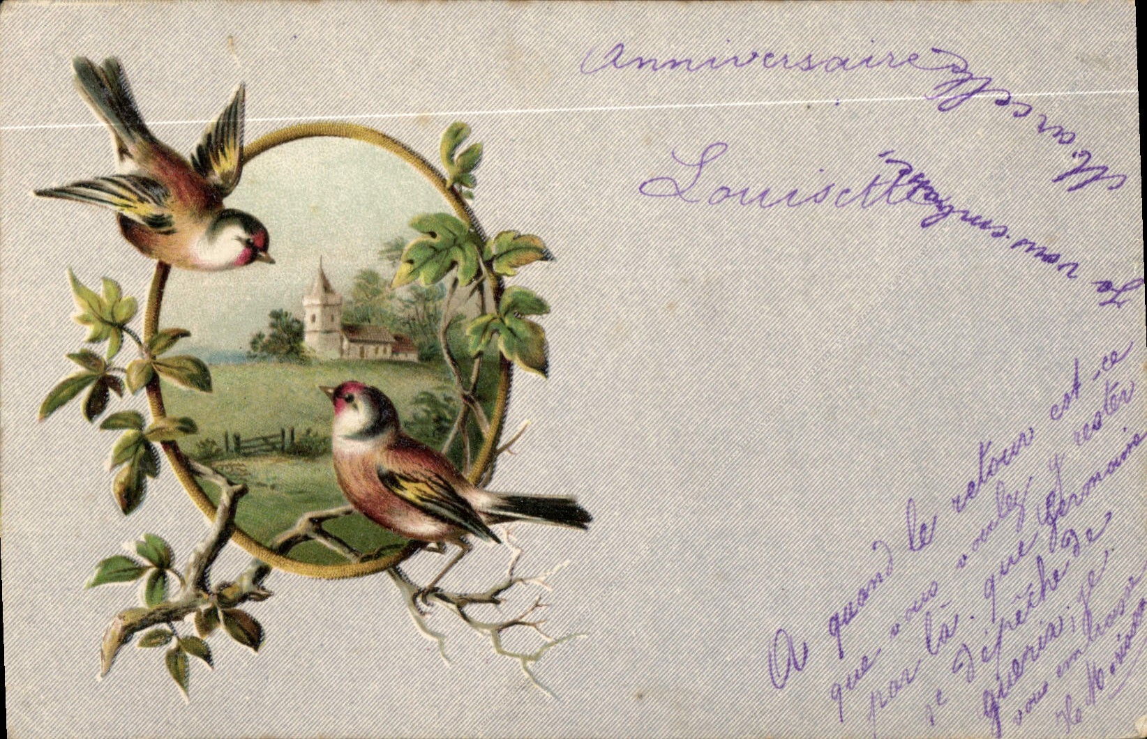 Deux oiseaux — paysage avec église — éditeur non visible