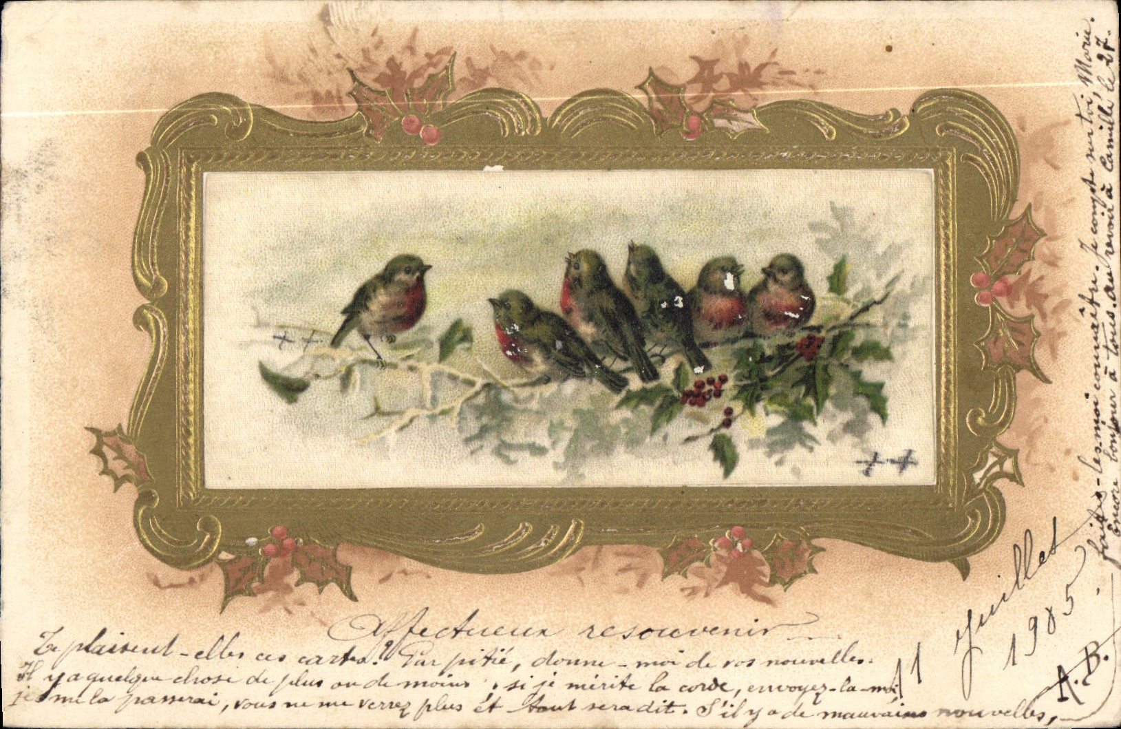 Birds on holly branch — Christmas card — Publisher unknown