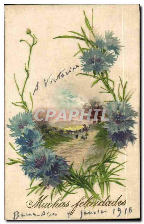 Fleurs bleues — carte de vœux — Bim Odin, n° de série non visible