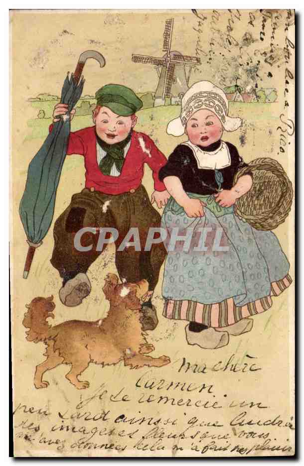 CPA Fantaisie Illustrateur Enfants Folklore Moulin a vent Chien 