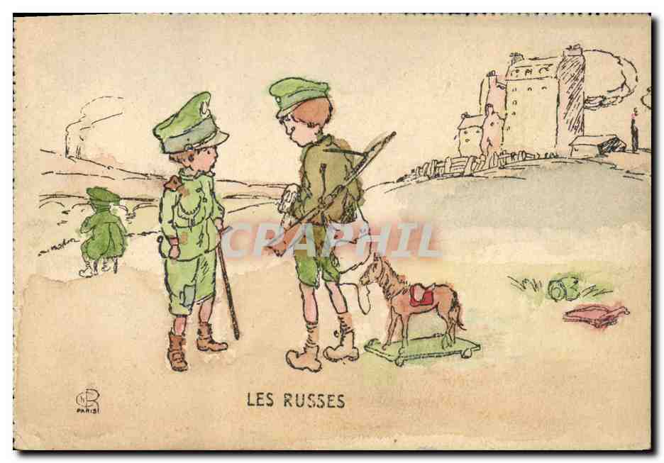 CPA Fantaisie Illustrateur Enfants Les russes Russie Russia Cheval Militaria 