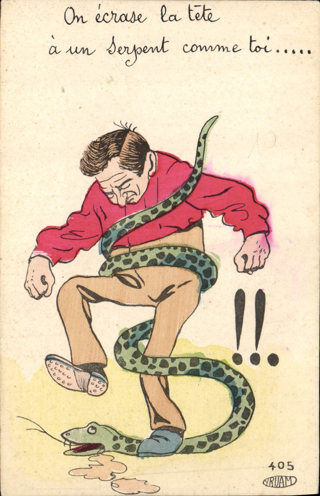 CPA Fantaisie Illustrateur Homme Serpent On ecrase la tete 