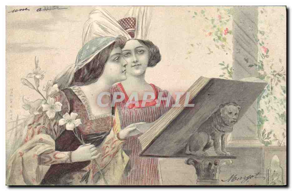 CPA Fantaisie Illustrateur Femmes Lion 