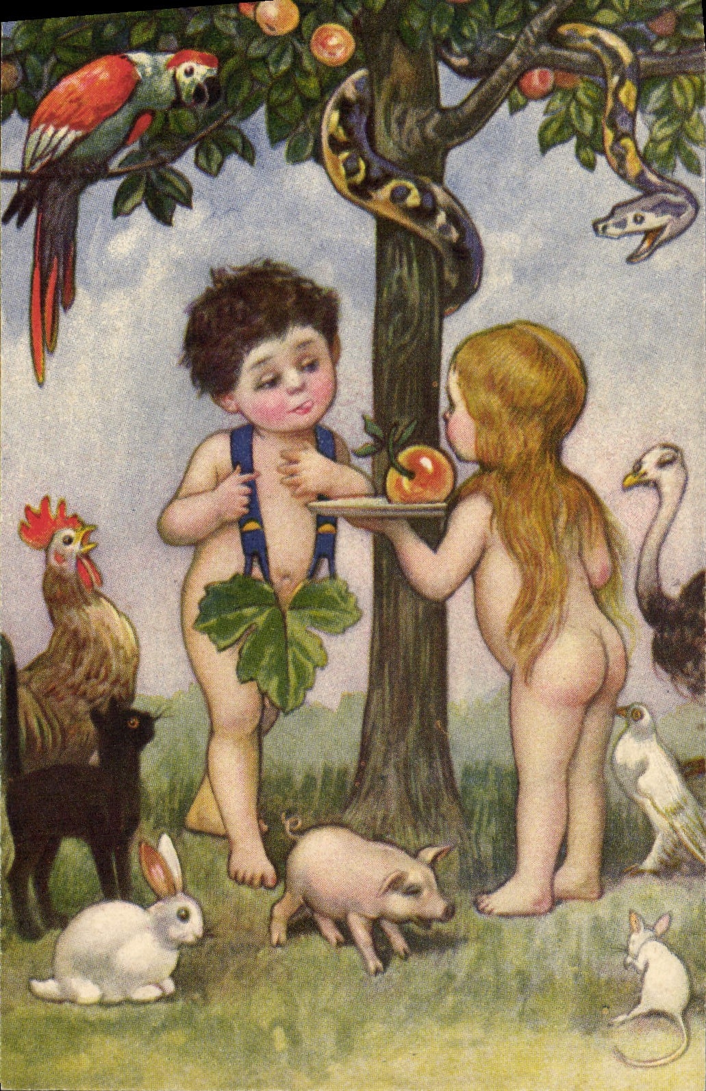 CPA Fantaisie Illustrateur Enfants Adam et Eve Coq Perroquet Chat Lapin Cochon Porc Souris Serpent 