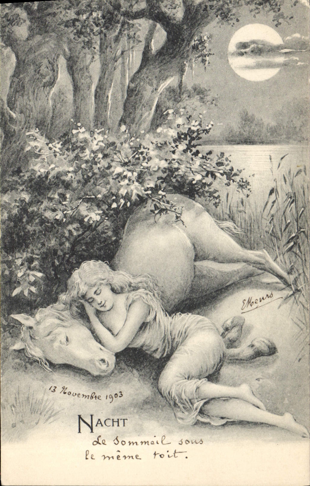 CPA Fantaisie Illustrateur Femme Cheval Nacht Lune 