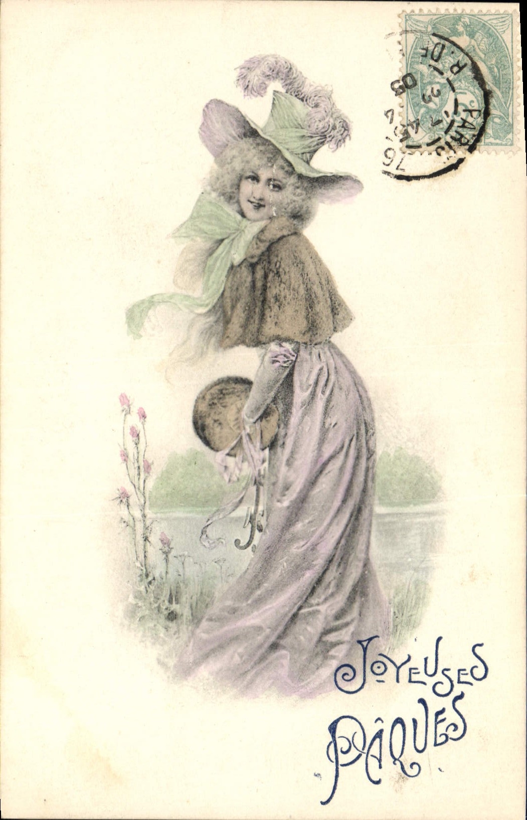 Femme en costume de Pâques — Joyeuses Pâques — éditeur non identifié, n° de série non visible