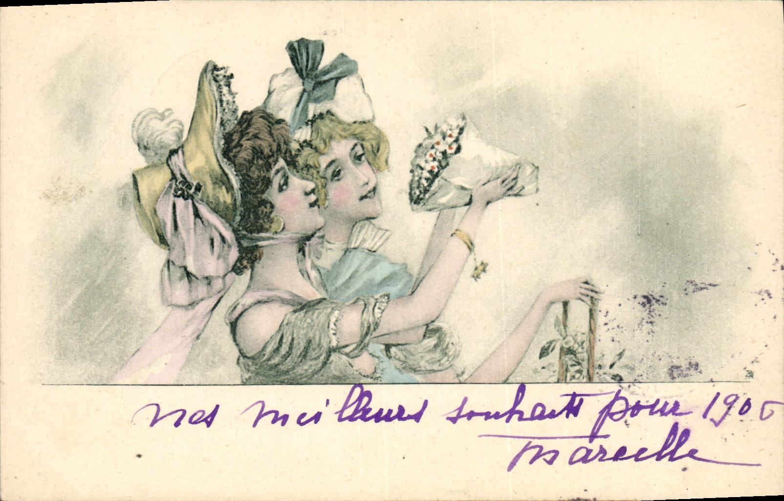 Zwei junge Frauen — Farbige Illustration — Verlag unbekannt