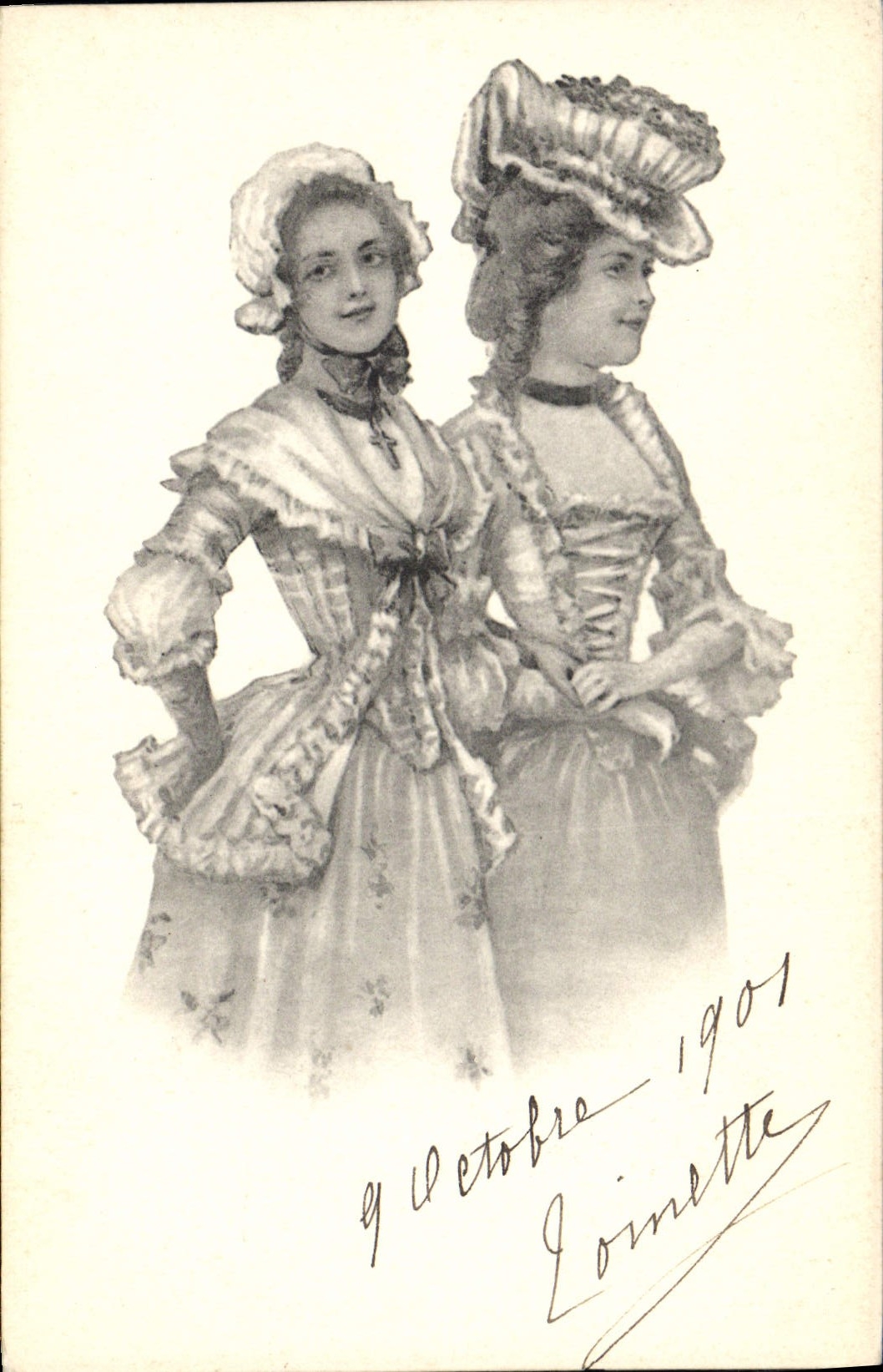 Deux jeunes femmes en costumes d'époque — 9 octobre 1901 — B.K.W.I. n° 730/2