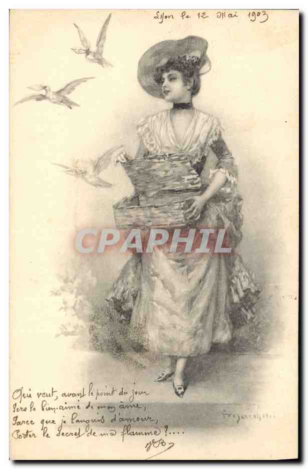 Femme en robe et chapeau — oiseaux en vol — éditeur Théo Strofer, série 280