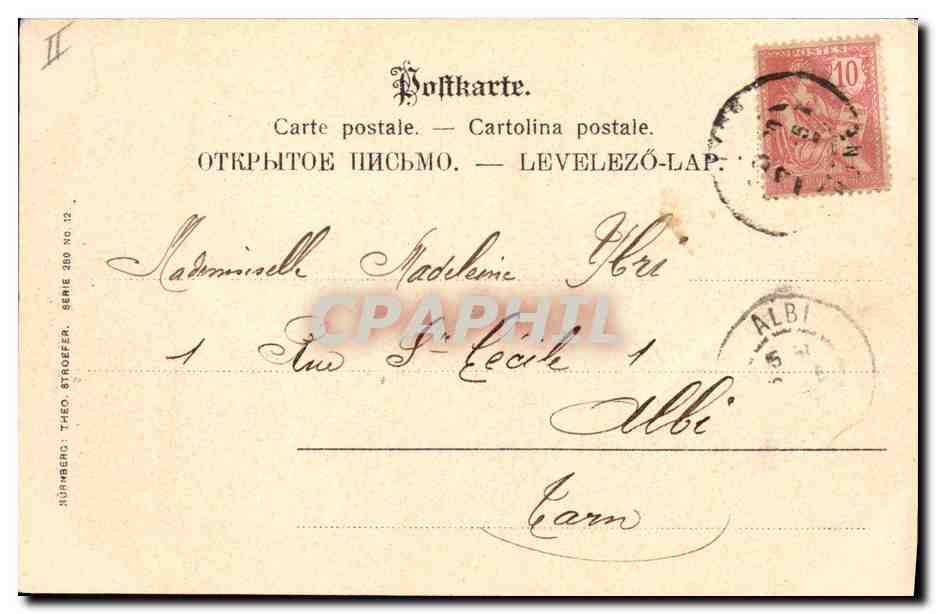 Femme en robe et chapeau — oiseaux en vol — éditeur Théo Strofer, série 280 — Verso