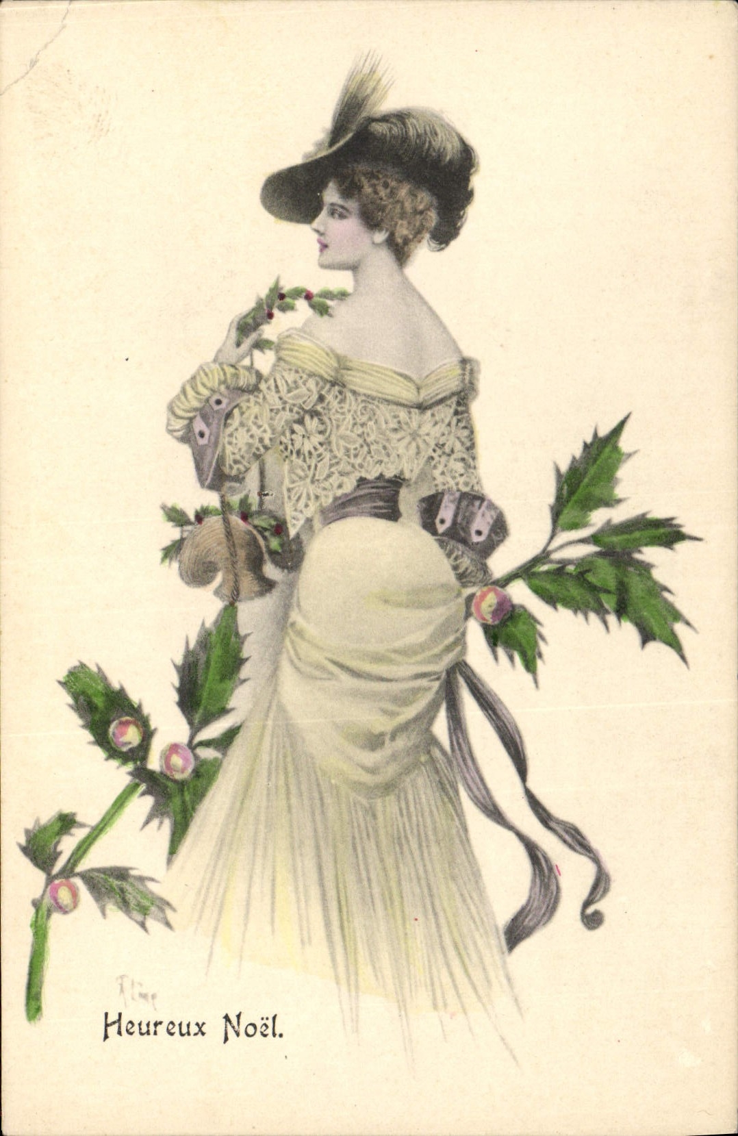 Femme en robe de Noël — houx et ruban — A.S. Série a Weihnachtsgrüsse