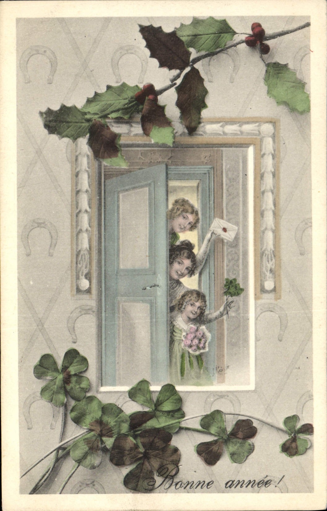 Year-End Celebration — three children at the window — publisher B. K. W. I. n° 2766-4
