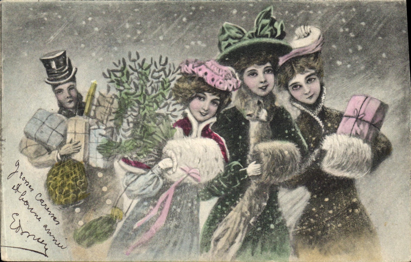 Fête de Noël — trois jeunes femmes et un homme en tenue d'hiver — éditeur Edoner