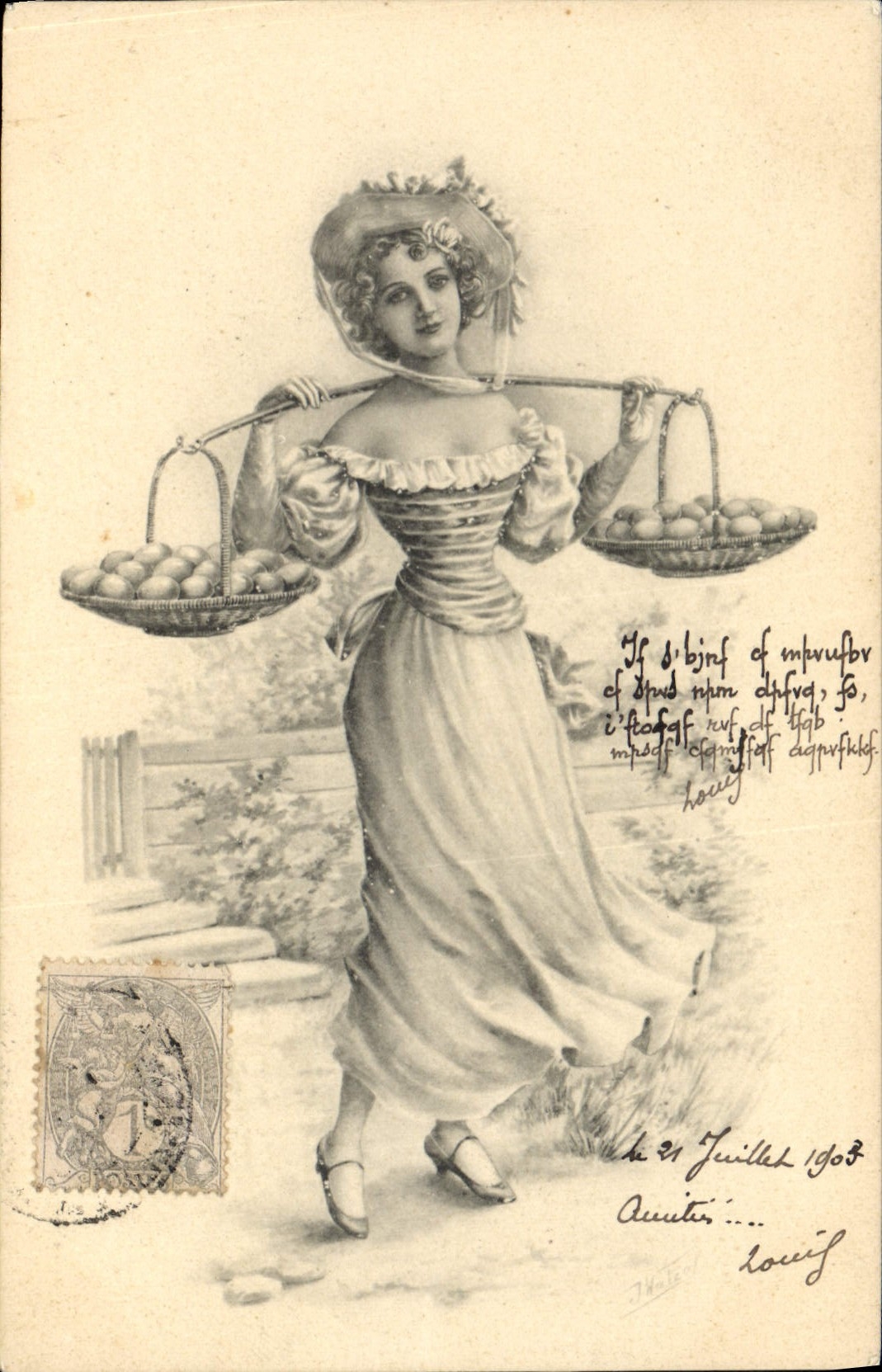 Femme portant deux paniers de fruits — éditeur A.S. Serie a, Ostergrüsse, Saluts de Pâques