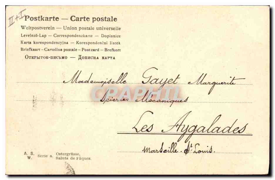 Femme portant deux paniers de fruits — éditeur A.S. Serie a, Ostergrüsse, Saluts de Pâques — Reverso