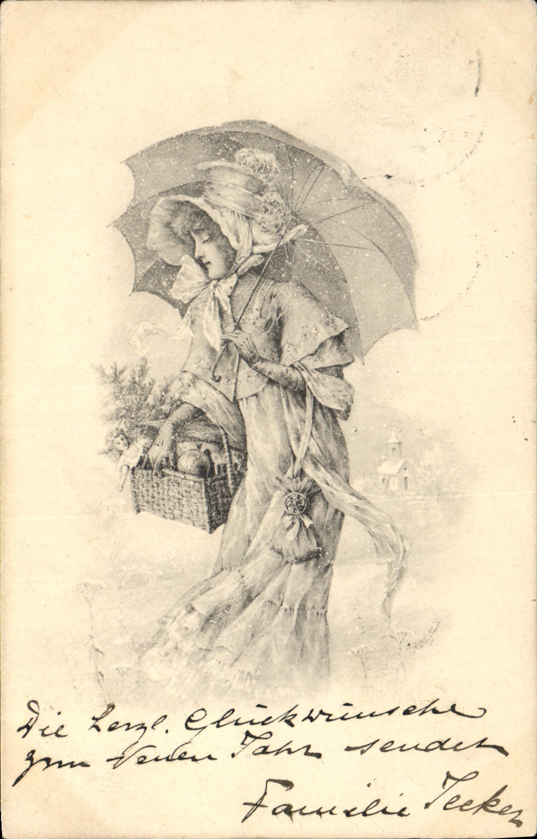 Frau unter Regenschirm mit Korb — Illustration — Verlag nicht sichtbar