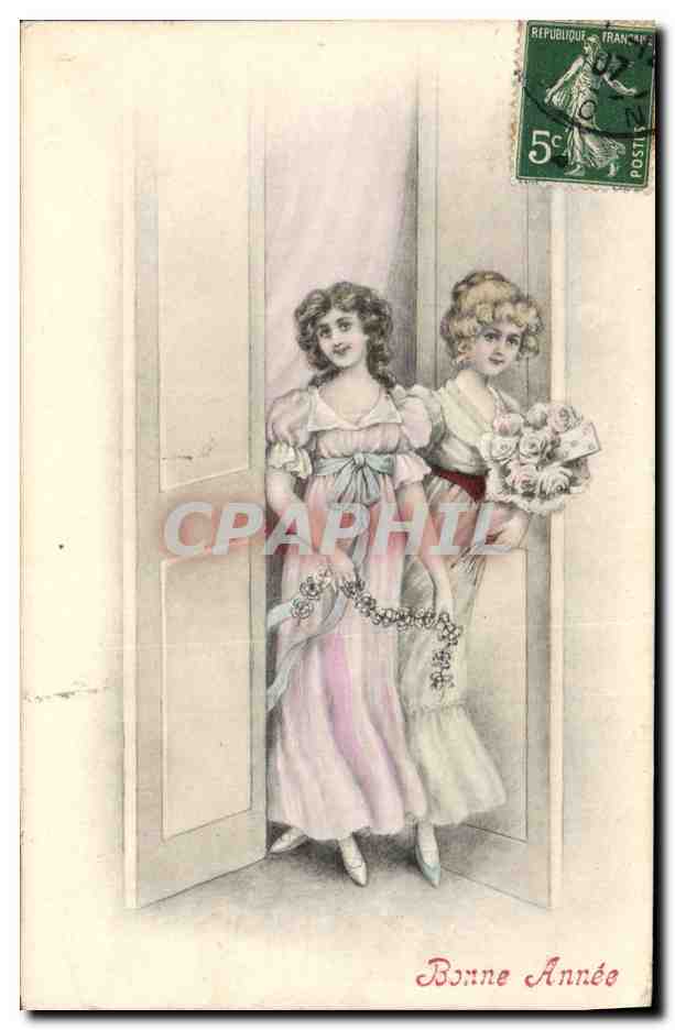 Deux jeunes filles à la porte — Bonne Année — éditeur Sria, n° 2561