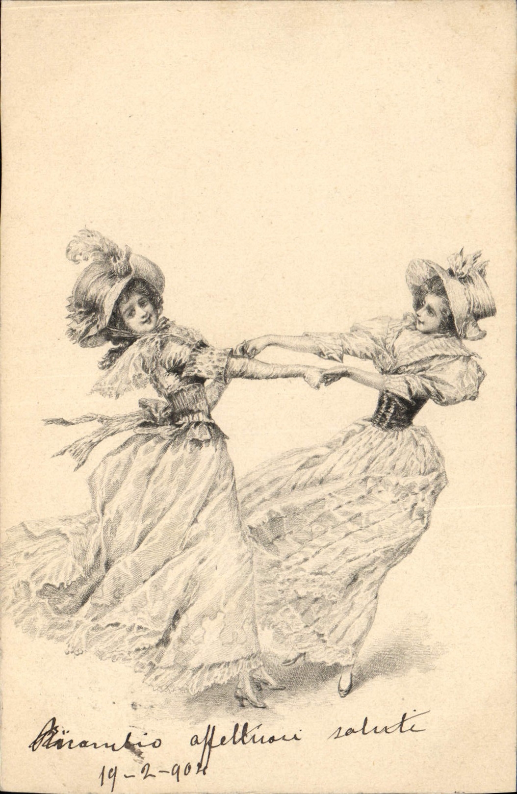 Deux jeunes femmes en robe et chapeau dansant — illustration gravée — éditeur inconnu, n° de série non visible