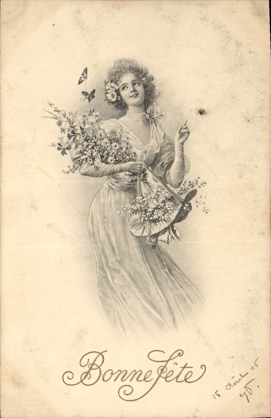 Femme en robe élégante tenant un bouquet — Bonne Fête — Levelezó-Limp, n° 276