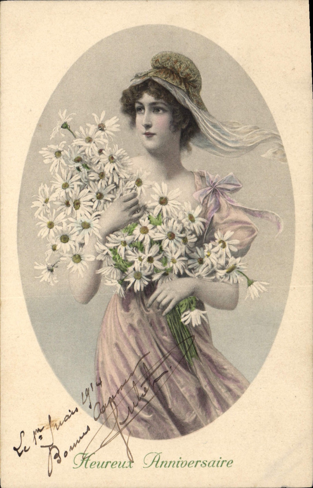 Femme en robe rose tenant un bouquet de marguerites — Heureux Anniversaire — M. MUNK, N° 53