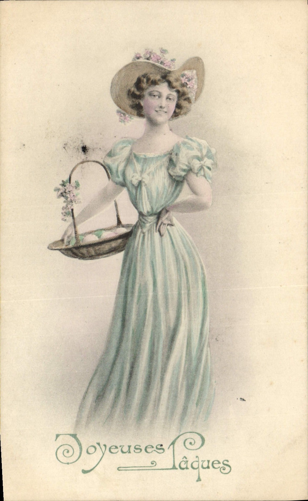 Young woman in light blue dress and flowered hat — Happy Easter — Vienna, series 51