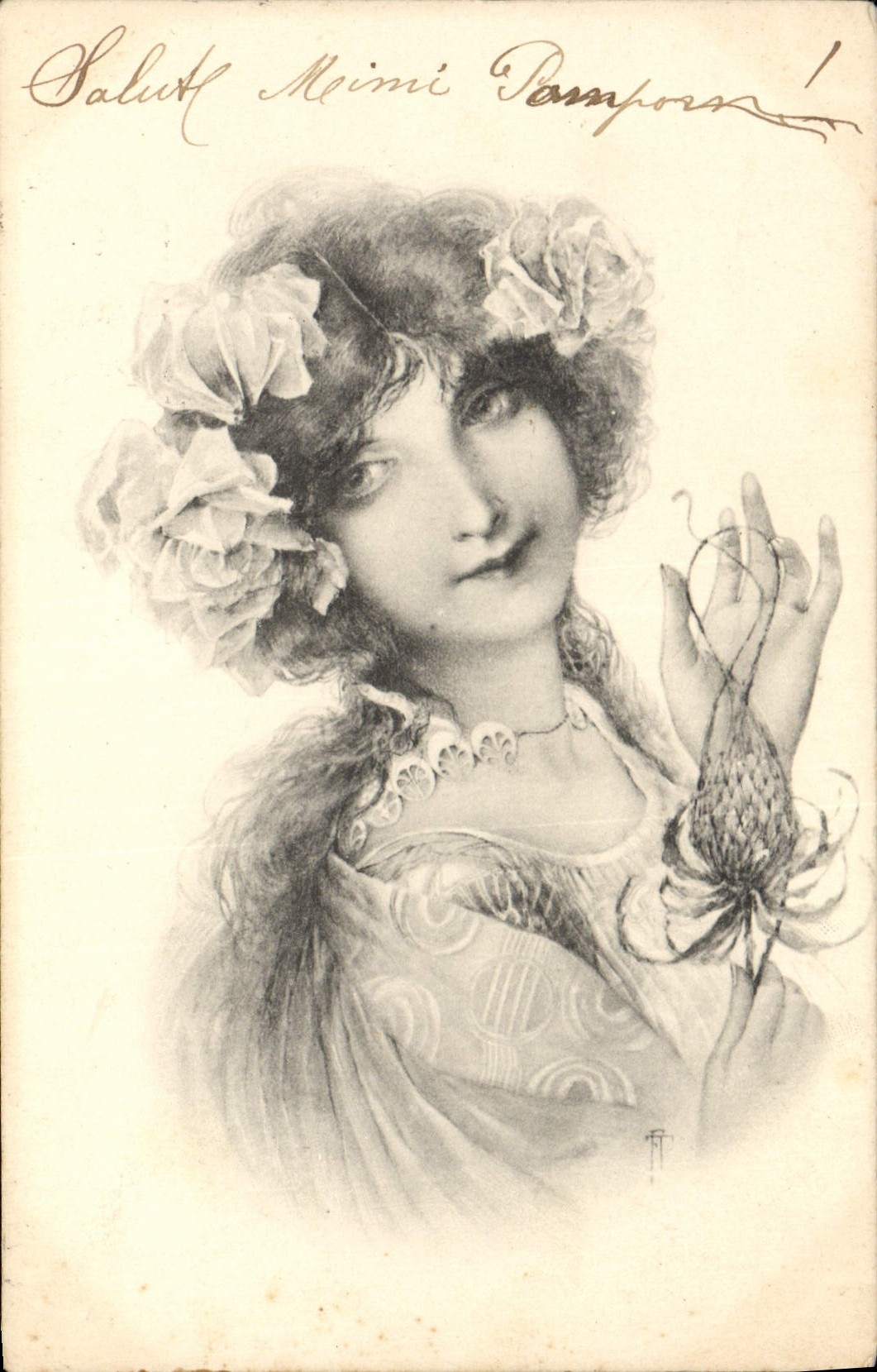 Jeune femme à couronne de fleurs — illustration — éditeur M. M. VIENNE