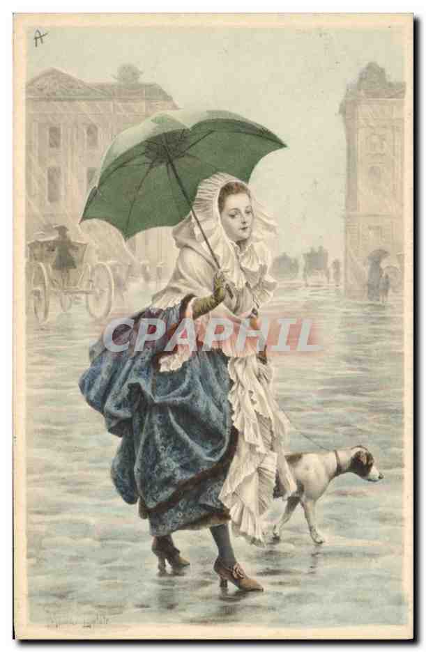 Femme avec chien sous parapluie — scène de rue — M. M. Vienne, M. Munk, n° 648