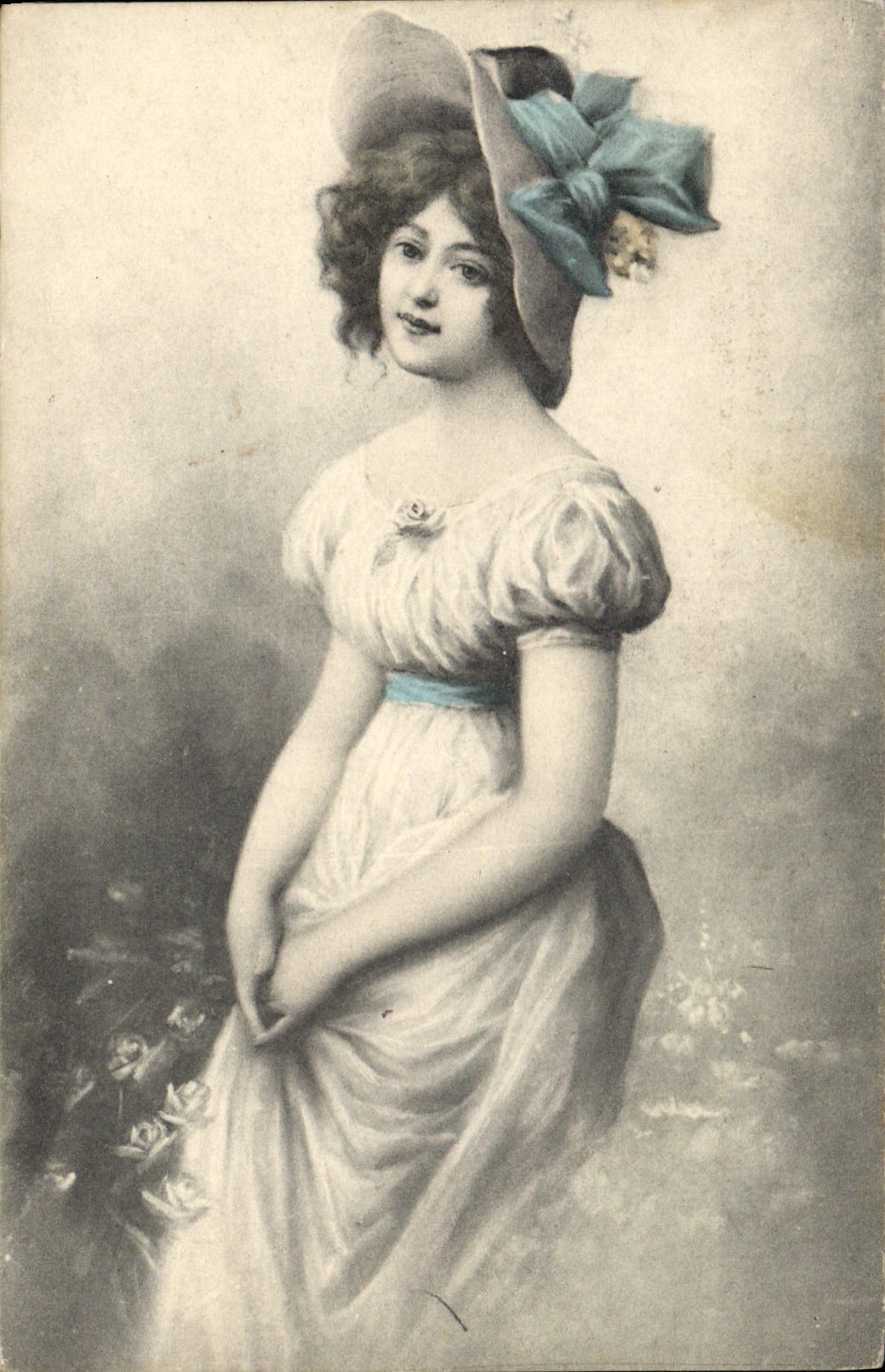 Young woman in white dress and decorated hat — publisher CPAPHIL, no. 1495