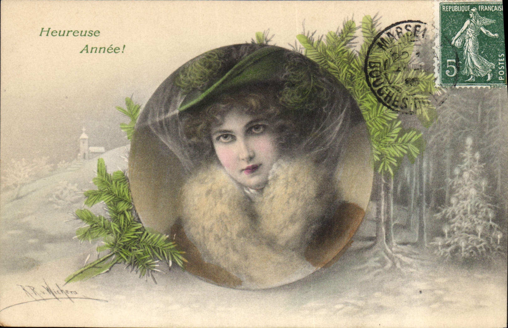 Frau in Pelz in einer Winterlandschaft — 'Heureuse Année!' — M. Munk, Nr. 390